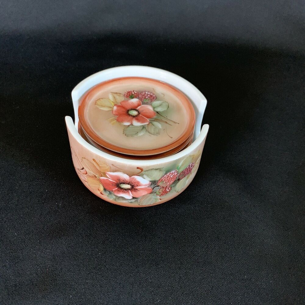 Vintage 6x Porcelain Round Coasters in holder stand Floral Pattern Cottage Chic